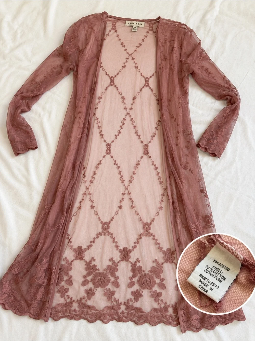 Haute Monde Sheer Lace Long Robe in Dusty Rose